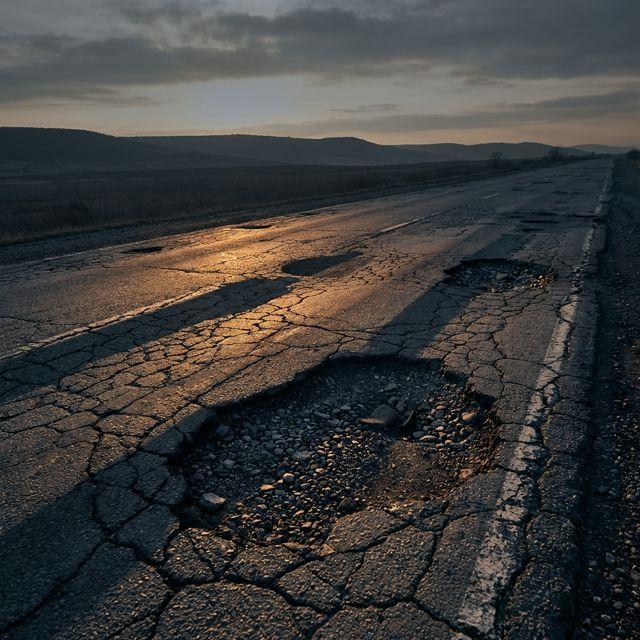 Damaged road surface showing critical defects